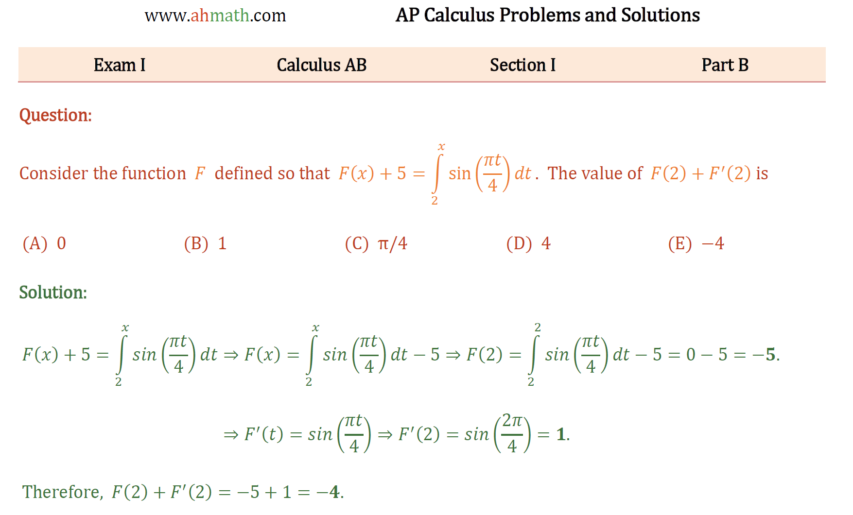Exam 1 Calculus AB Section I Part B - solution by AhMath